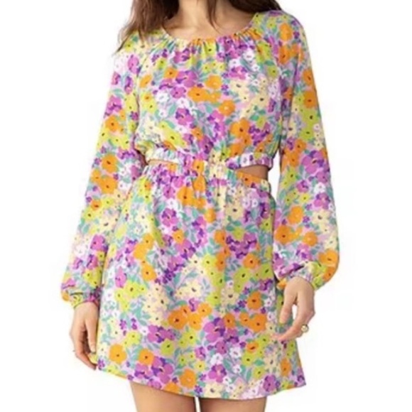 Sanctuary  Chiffon Floral  Round Neck Long Sleeve Elastic Waist Cut-Out Dress - Picture 1 of 15